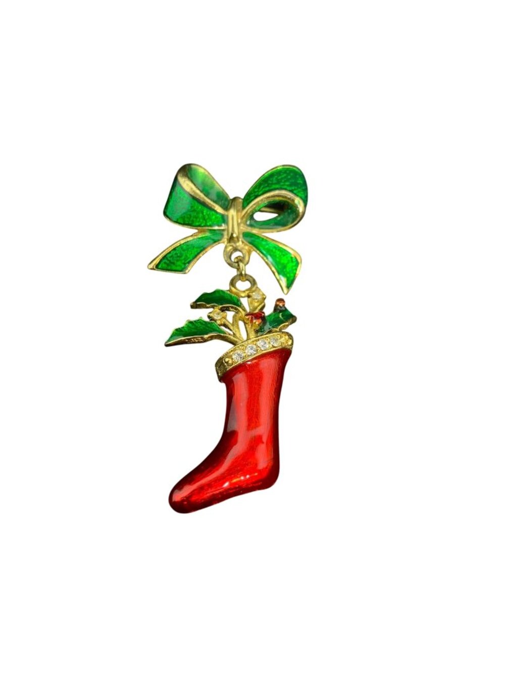 Vintage Giovanni Gold Tone Enamel And Rhinestone Stocking Dangle Brooch (2352)